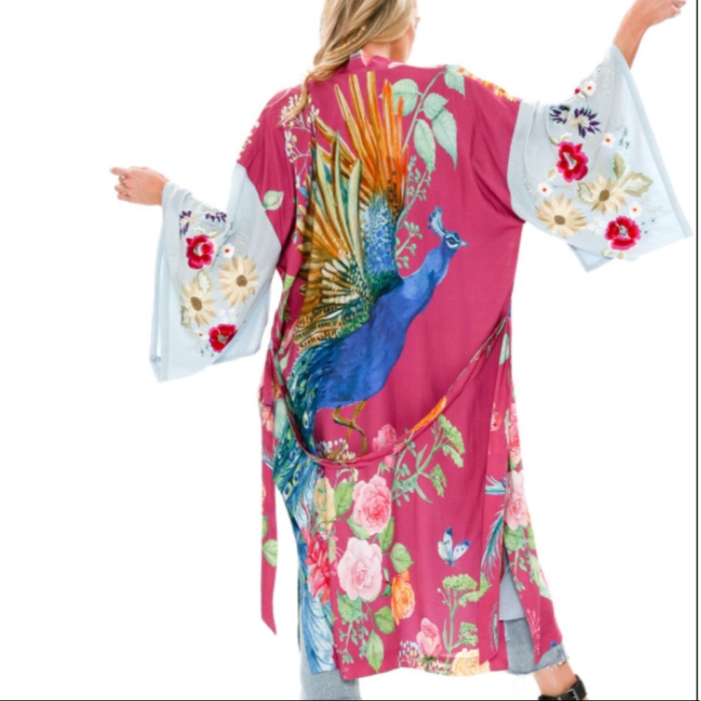 The Marie Antoinette Boho Double Layer Luxury Kimono Duster In Bird Floral Print - Picture 5 of 13